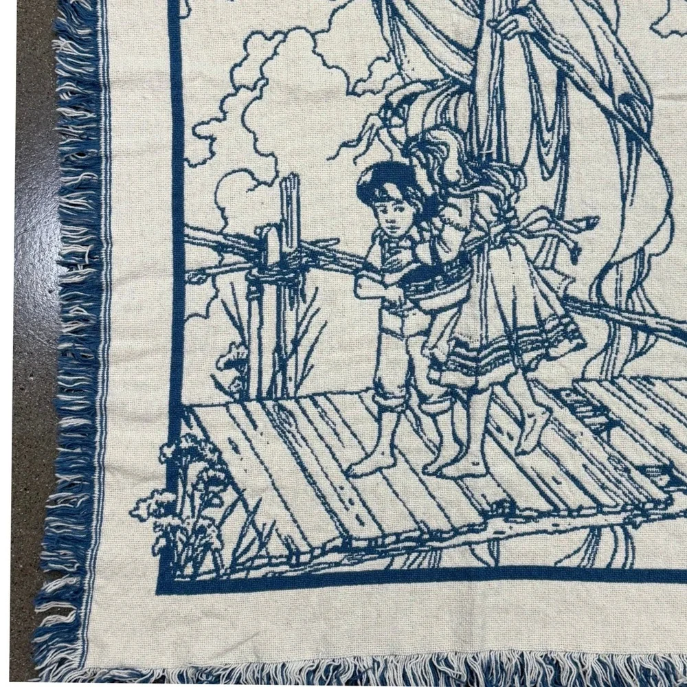 Vintage Guardian Angel Woven Throw Blanket Blue Cream Fringed Tapestry 32x46